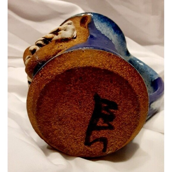 Vintage Ugly Funny Face Decorative Blue Pottery Mug 5”Tall Signed Handmade - Picture 5 of 6